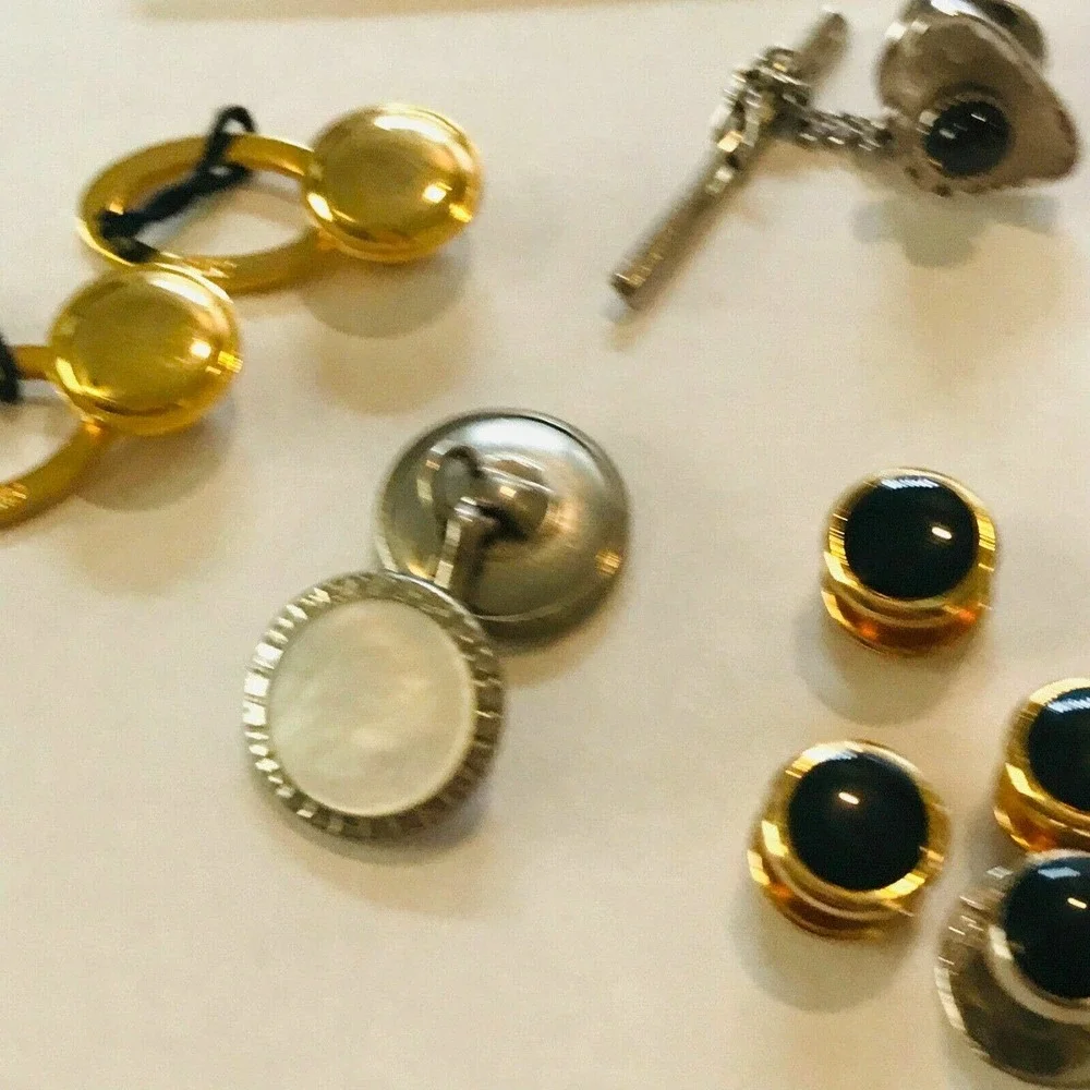 Lot‎ Set cufflinks Tie Bars Gold Silver Tone Tie Tack Chain Clip